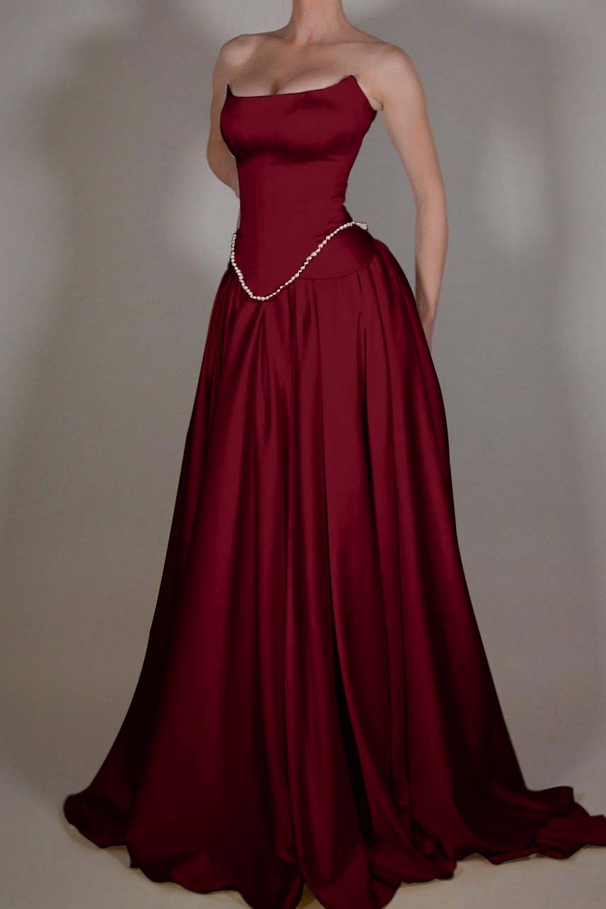 Strapless Sleeveless Long A Line Prom Dress With Pleated Beading BMBRIDE