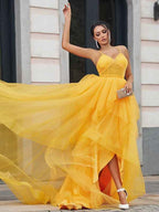 Chic Spaghetti Strap V Neck Sleeveless Tulle Long Prom Dress With Beadings