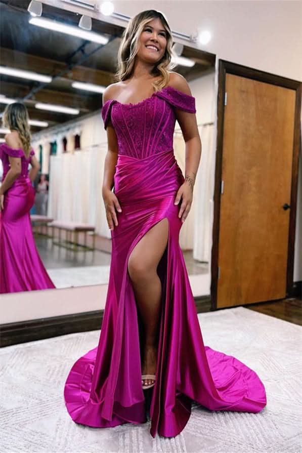 Elegant Sequins Off-The-Shoulder Evening Dress with Pleated Slit BM bride