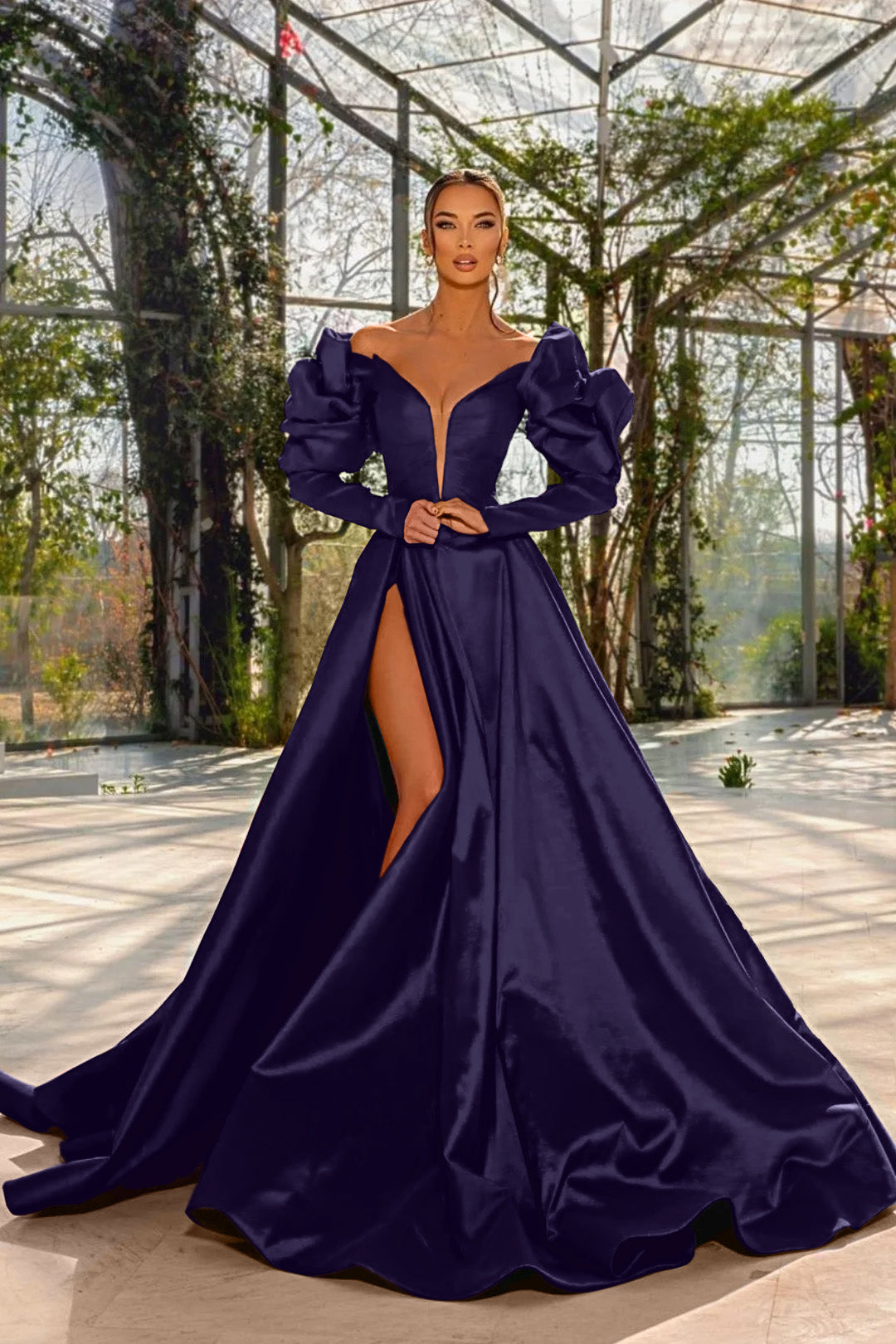 Sexy Prom Dress Red V Neck Bubble Long Sleeves With High Split BMBRIDE
