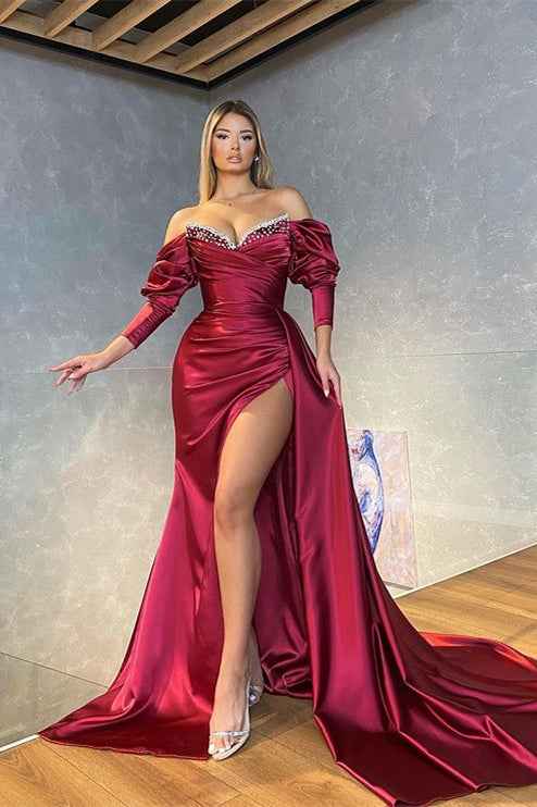 Mermaid Burgundy Off the Shoulder  Long Sleeves Long Prom Dress With Split