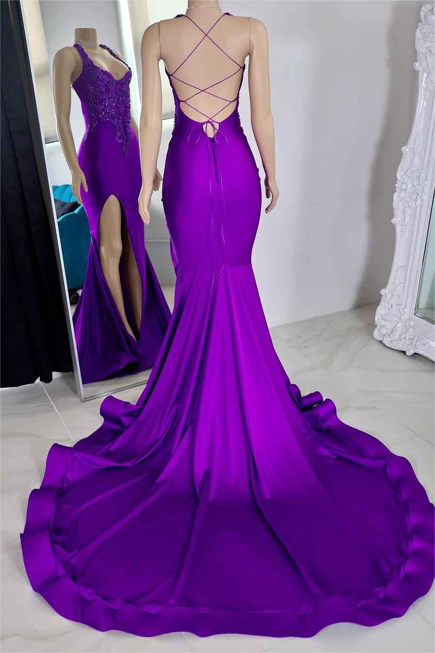 Stunning Purple Halter Sleeveless Mermaid Long Split Prom Dress With Appliques