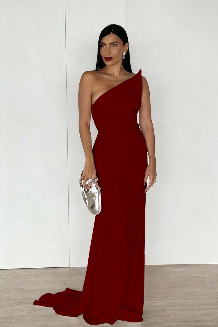 Red Strapless Sleeveless Long Mermaid Prom Dress With Pleated BMBRIDE