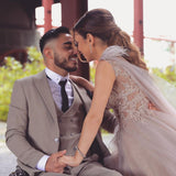 A-Line V-Neck Sleeveless Tulle Lace Wedding Dress with Feathers BM bride