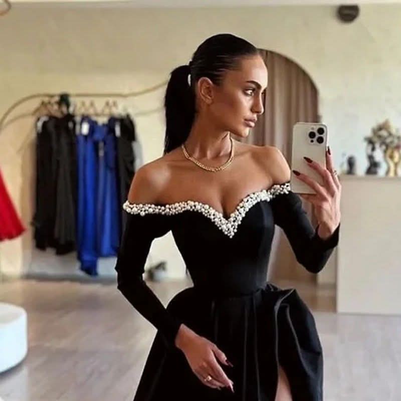 Black Prom Dress Long A Line Pleated High Slit BM bride