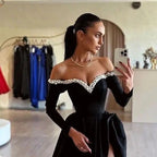 Black Prom Dress Long A Line Pleated High Slit BM bride
