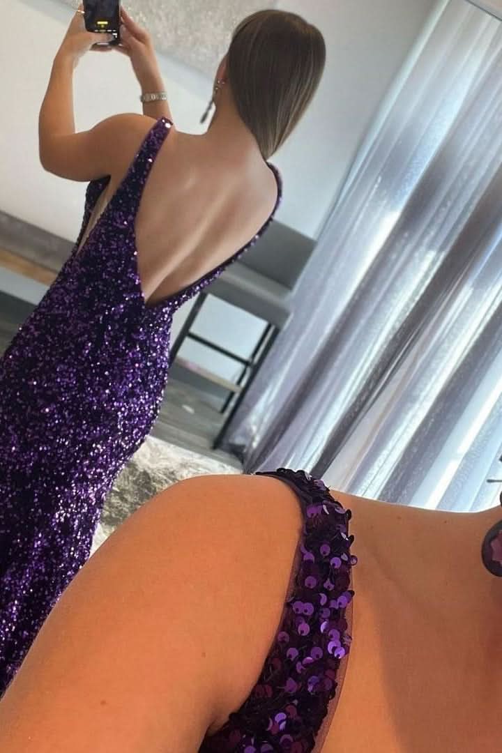 Purple V-Neck Long Sequined Mermaid Prom Dress BM bride