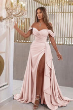 Elegant Sky Blue Off-The-Shoulder Sweetheart Prom Dress with Split Mermaid BM bride
