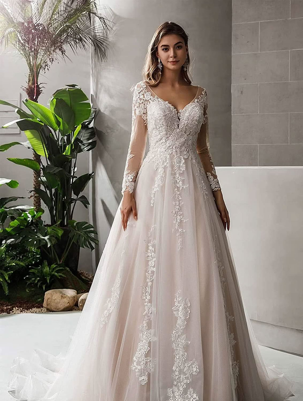Loyeloy Women's Wedding Dresses for Bride 2025 Sexy V Neck Slit Lace Bridal Wedding Gowns for Bride YJ010