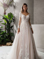 Loyeloy Women's Wedding Dresses for Bride 2025 Sexy V Neck Slit Lace Bridal Wedding Gowns for Bride YJ010