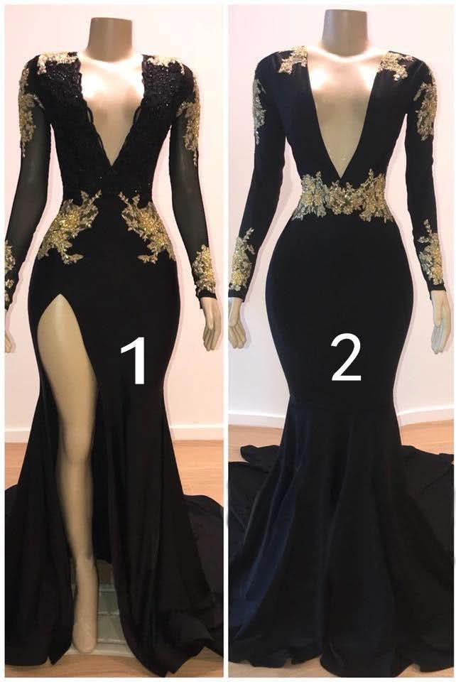 Long Sleeves Black Prom Dress with Gold Appliques BM bride