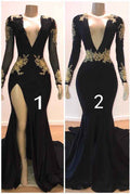 Long Sleeves Deep V Neck Black High Split Prom Dress With Gold Appliques