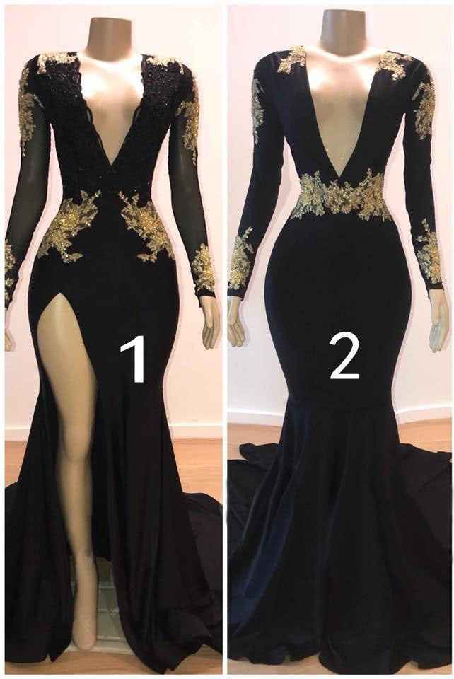 Long Sleeves Deep V Neck Black High Split Prom Dress With Gold Appliques