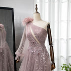 Extreme Pink Sexy One-Shoulder Feather Elegant Evening Dress BM bride