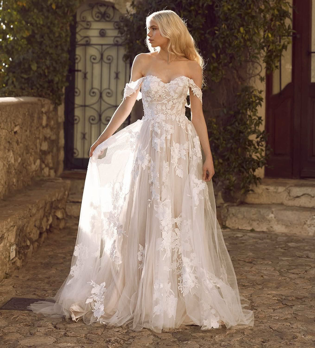 Loyeloy Women's Wedding Dresses for Bride 2025 Sexy V Neck Slit Lace Bridal Wedding Gowns for Bride YJ010