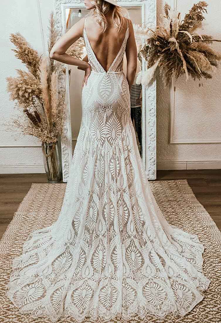 Women's Beach Wedding Dresses for Bride 2022 Vintage Long Sleeves Lace Bohemian Bridal Gown Bmbride
