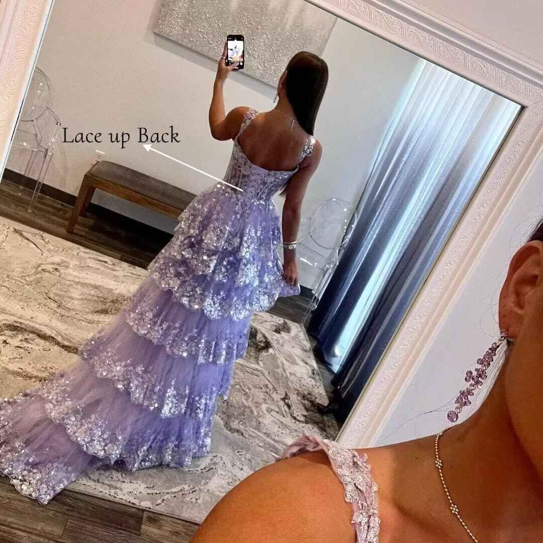 Sparkly Tiered Lace Tulle Prom Dresses Long 2025 Spaghetti Straps Formal Corset Evening Gown with Slit Bmbride