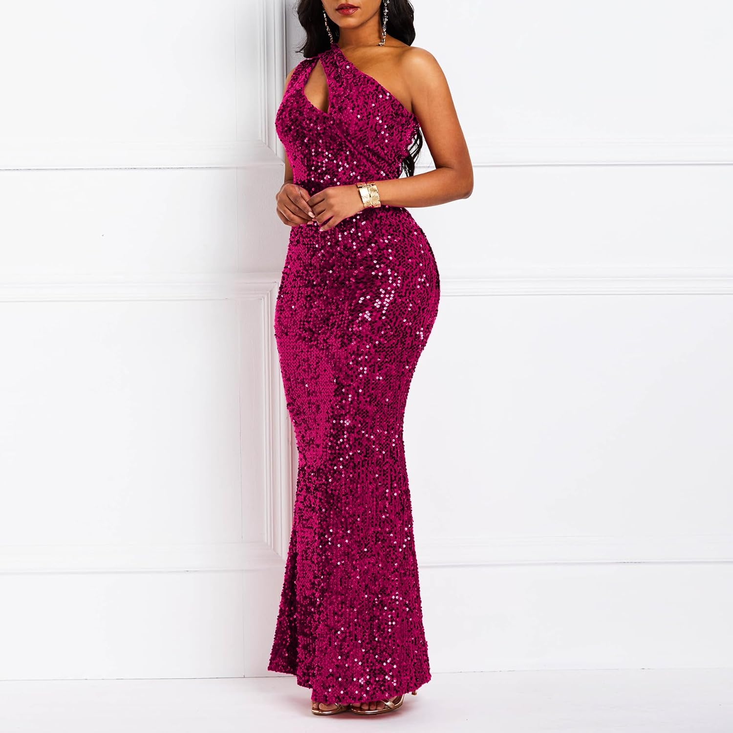 Sequins Fashion Sleeveless Oblique Collar Mermaid Women's Maxi Dress Bodycon Dress Party Dress