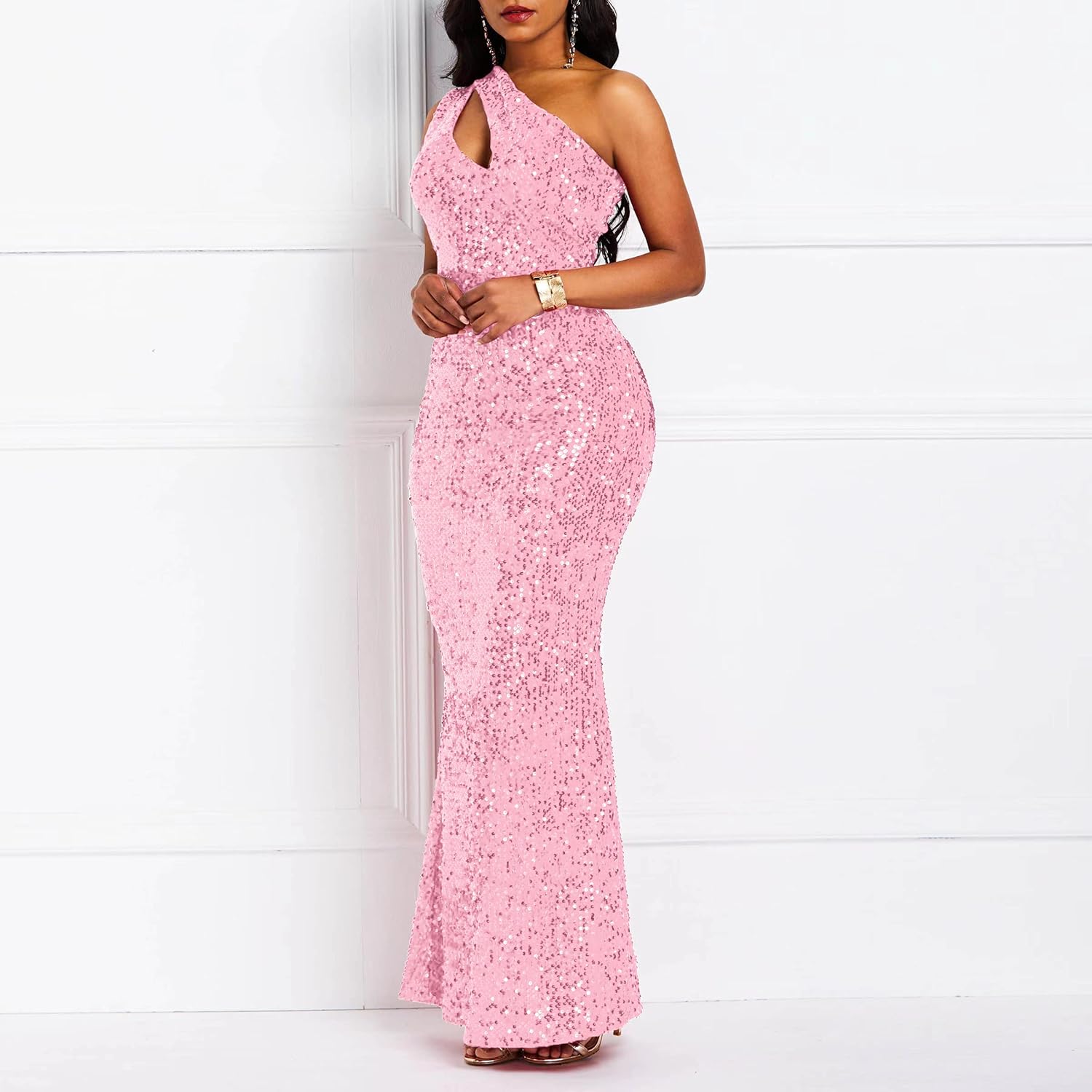 Sequins Fashion Sleeveless Oblique Collar Mermaid Women's Maxi Dress Bodycon Dress Party Dress