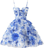 Tiered Ruffles Short Homecoming Dresses with Bow Corset Floral Print Mini Cocktail Party Gown