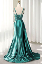 V Neck Satin Prom Dresses Long Mermaid Lace Evening Gown with Slit Pleated Bodycon Formal Dress with Tail Bmbride