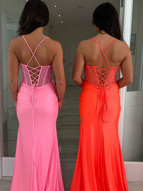 Pink Mermaid Spaghetti Straps Long Prom Dress with Beading BMBRIDE