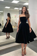 Elegant Black Strapless Sleeveless Tea Length Online Prom Dress BM bride
