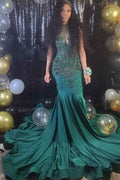 Mermaid Dark Green Sequins Ruffles Prom Dress Beaded With Appliques
