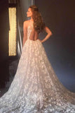 Boho Spaghetti Strap A-Line V-Neck Wedding Dress with Appliques BM bride