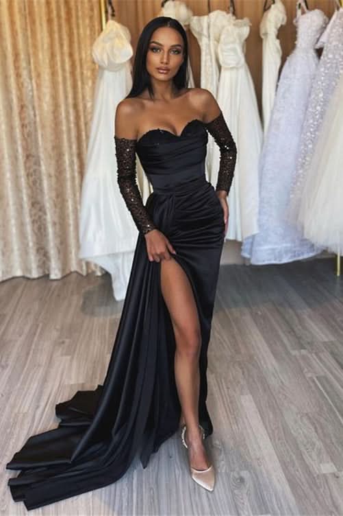 Black Prom Dress Sweetheart Short Sleeves with Pleated Slit BM bride