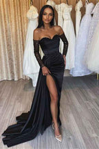 Black Prom Dress Sweetheart Short Sleeves With Slit Pleated