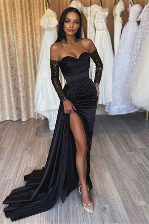 Black Prom Dress Sweetheart Short Sleeves With Slit Pleated