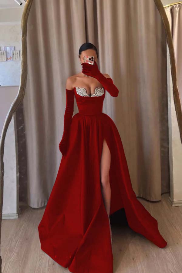Strapless Sleeveless Long Split Prom Dress With Beading Long Gloves BMBRIDE