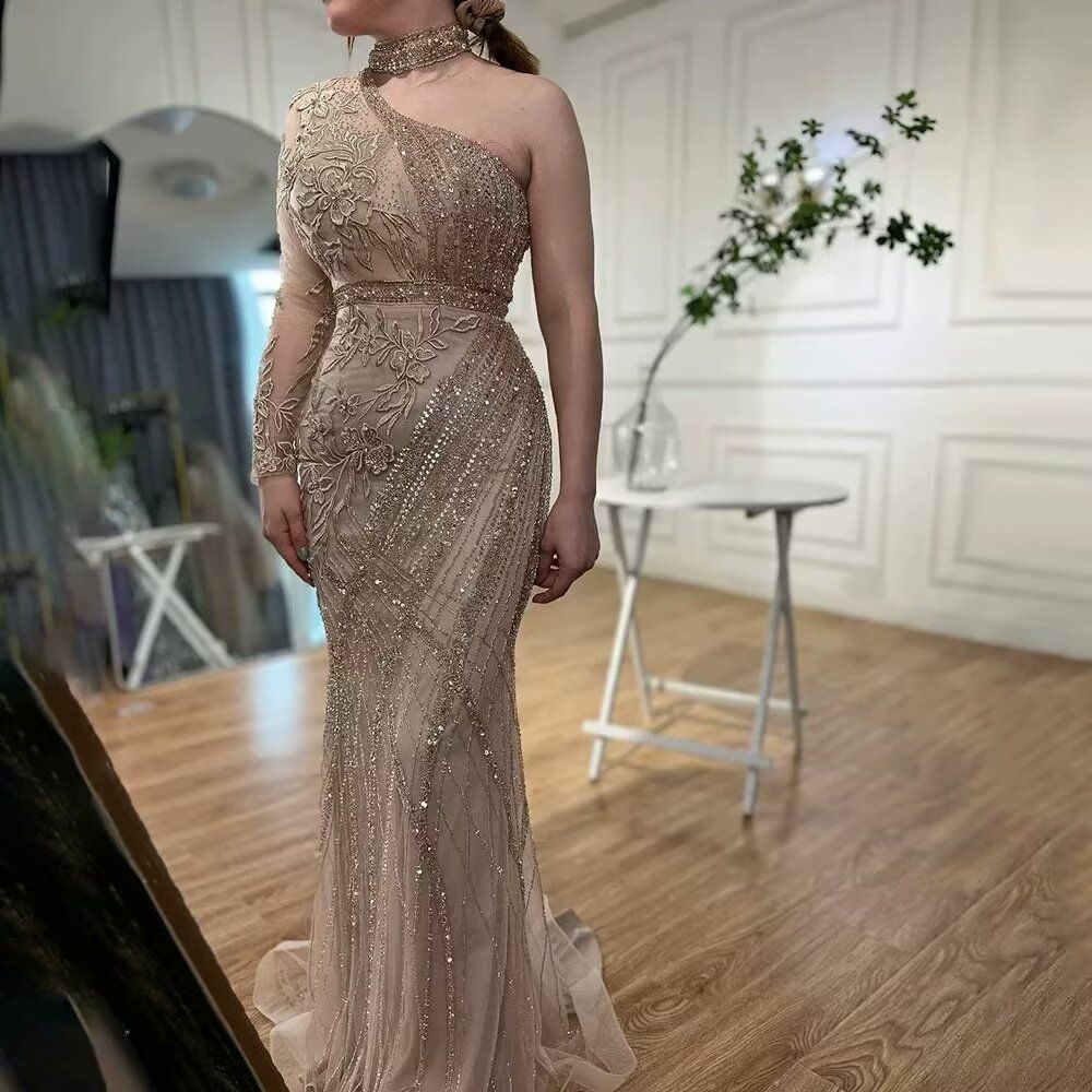 Chic One-Shoulder Long Sleeve Mermaid Prom Dress with Sequin Appliqued BM bride
