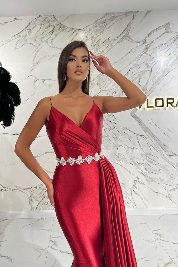 Elegant Red Spaghetti-Strap Deep V-Neck Mermaid Evening Dress with Belt Ruffles BM bride