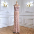 Luxury Pink Beaded Evening Dress with Feather Detail and Mermaid Silhouette BM bride