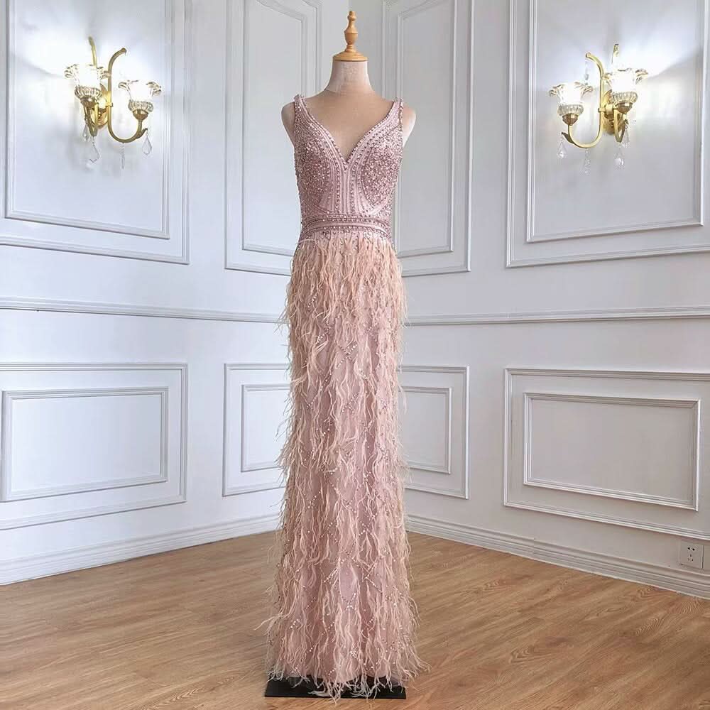 Luxury Pink Beaded Evening Dress with Feather Detail and Mermaid Silhouette BM bride