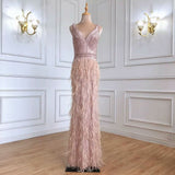 Luxury Pink Beaded Evening Dress with Feather Detail and Mermaid Silhouette BM bride