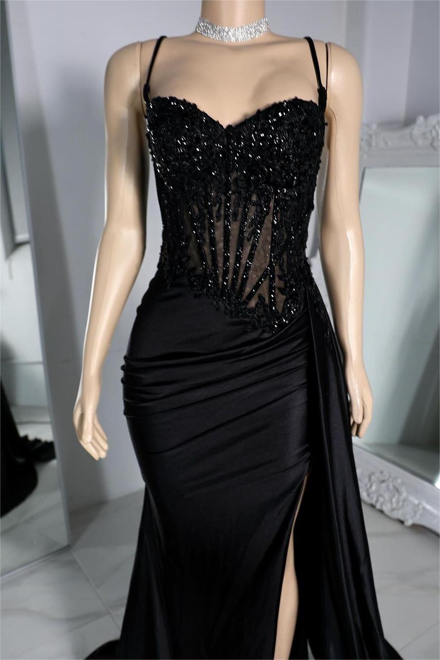 Exquisite Black Spaghetti Strap Sleeveless Pleated Long Split Prom Dress With Beading BMBRIDE