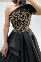 Gorgeous Black One Shoulder Strapless Evening Dress with Beadings and Slit BM bride