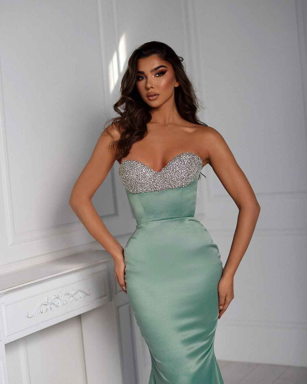 Sweetheart Sleeveless Sage Strapless Mermaid Prom Dress With Pearls