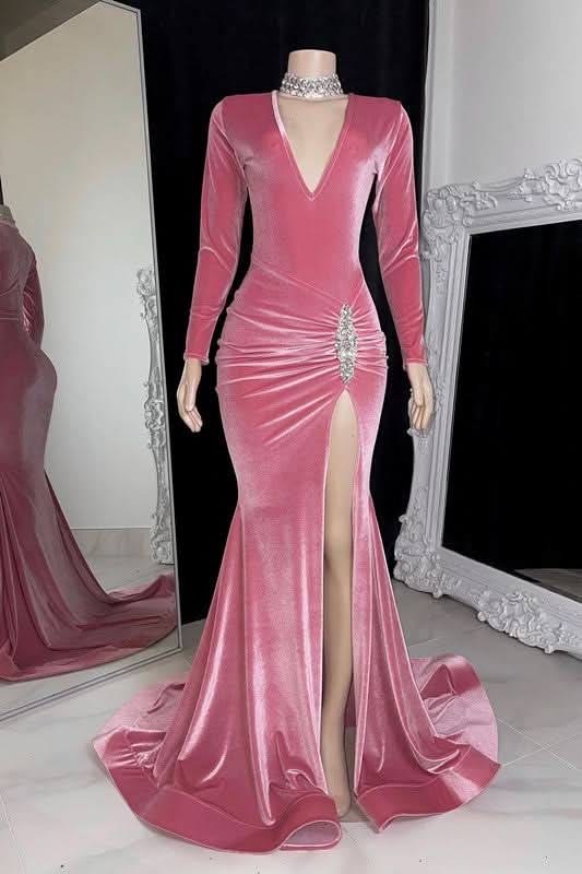 Red Long Sleeve Simple Prom Dress with High Slit and Pleated BM bride