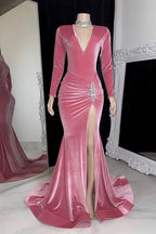 Red Long Sleeve Simple Prom Dress with High Slit and Pleated BM bride