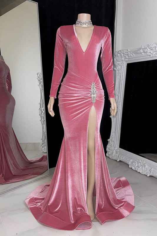 Red Long Prom Dress Long Sleeves Simple With High Split Pleated