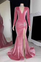 Red Long Prom Dress Long Sleeves Simple With High Split Pleated