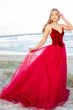 Burgundy Velvet V-Neck Tulle Prom Dress BM bride