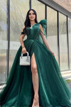 Stunning One Shoulder Sleeveless Long Split Tulle Prom Dress With Beading