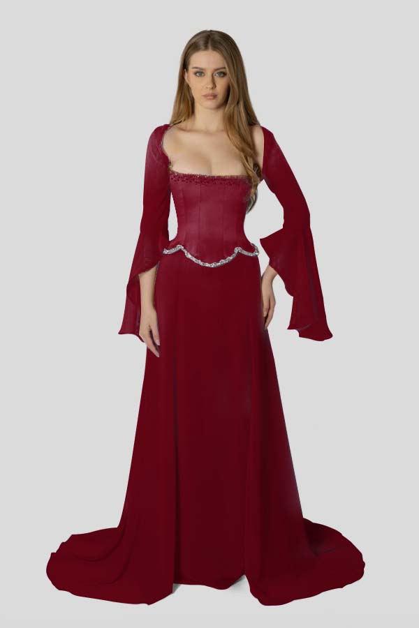 Chiffon Long Sleeves Long Mermaid Prom Dress With Beading Pleated BMBRIDE