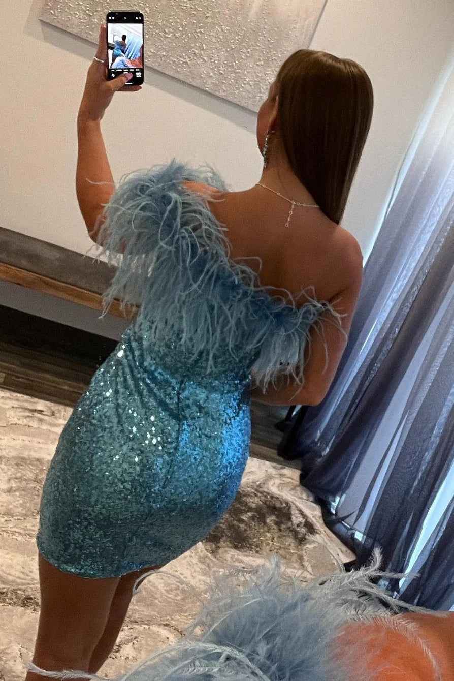 Blue Tight Sequins Homecoming Dress with Feathers Bmbride
