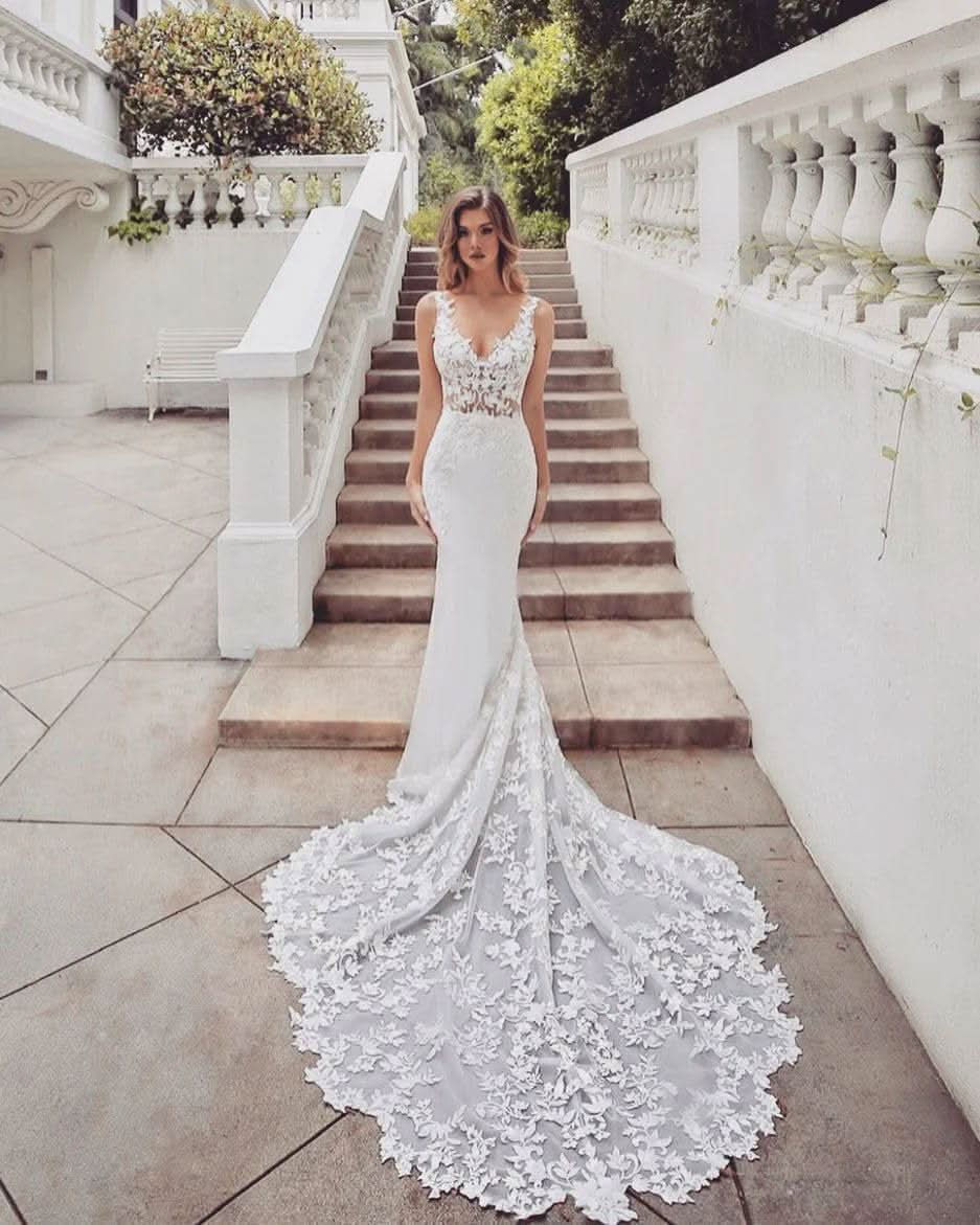 Loyeloy Women's Wedding Dresses for Bride 2025 Sexy V Neck Slit Lace Bridal Wedding Gowns for Bride YJ010